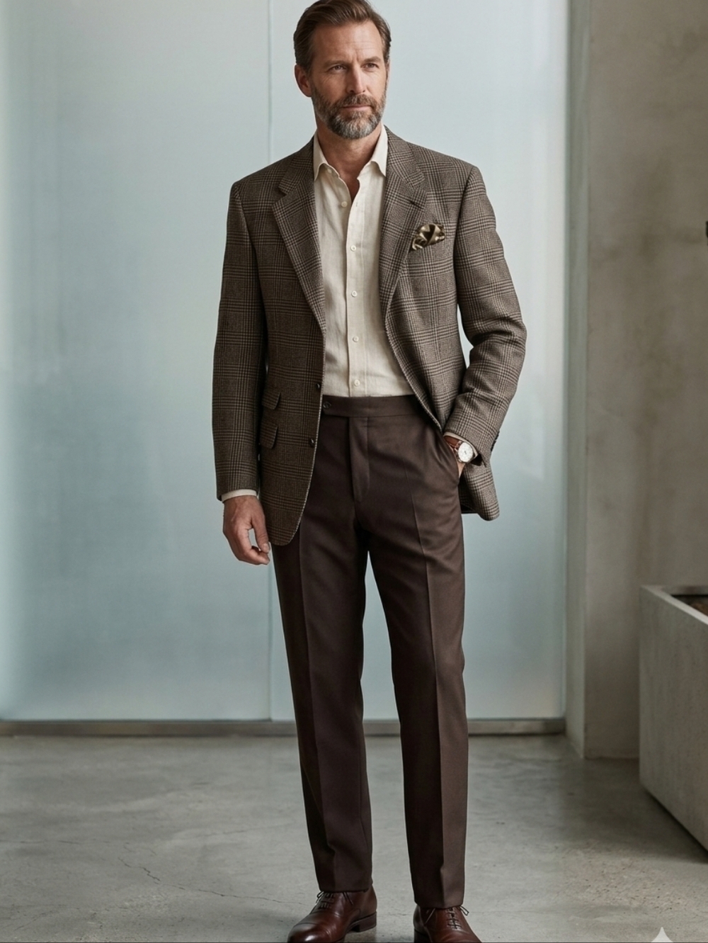 **MEN’S BROWN PLAID BLAZER & TROUSERS SET SIZE 42S WOOL CLASSIC TAILORED SUIT SM